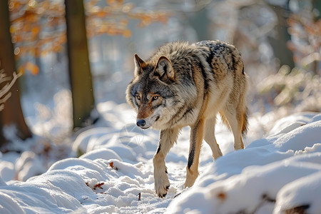 森林中行走的野狼图片