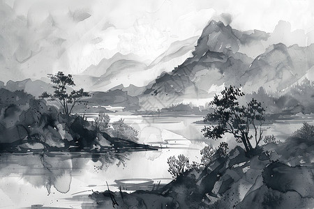 山谷中的湖泊插画图片