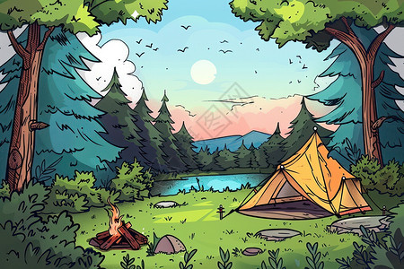 森林中的帐篷插图图片