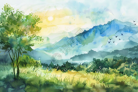 绘画的山脉风景图片