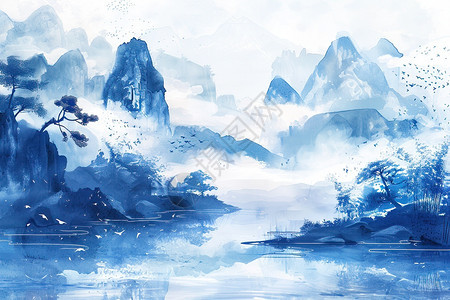 画作的山湖风景图片