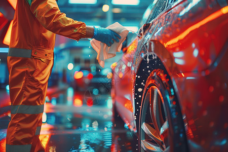 停车场洗车的男子图片