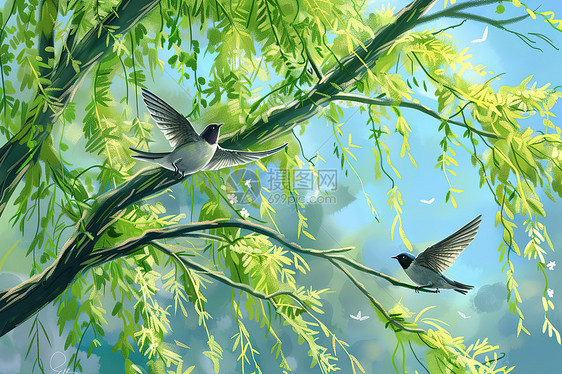 柳树枝上的小鸟图片