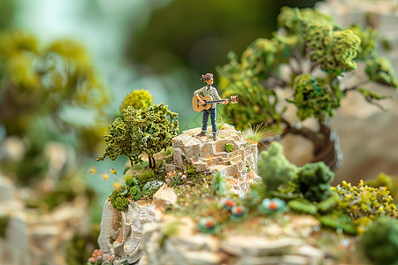 岩石上弹奏吉他的男子图片