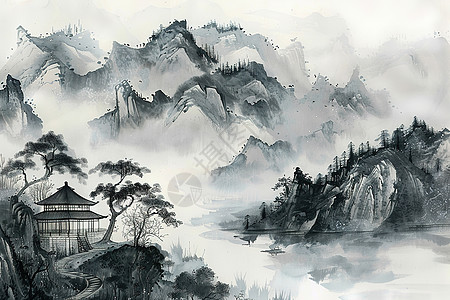 山脉中的迷雾插画图片