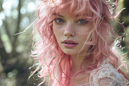 树林中的粉色头发的女人图片