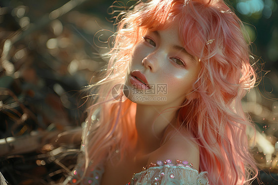 树林中的粉发女子图片