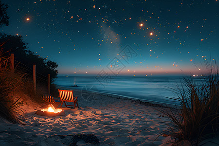 夜幕下的沙滩篝火派对图片