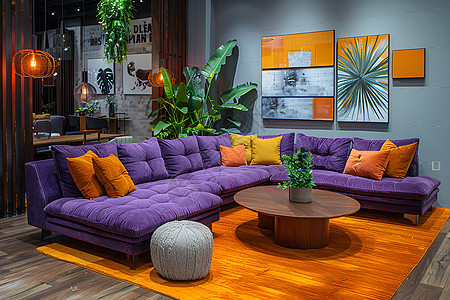 客厅里的紫色沙发图片