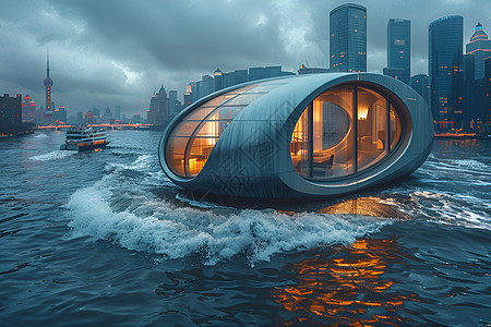 未来湖泊上的建筑图片