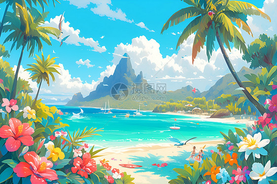 热带海滩的绘画图片