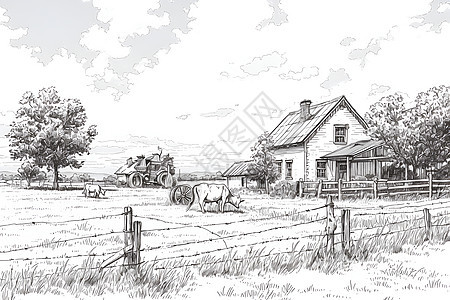绘画的木屋和奶牛图片