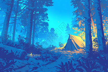 夜晚森林中的帐篷图片