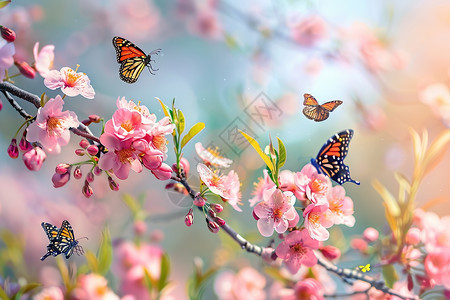 枝头上的花朵与蝴蝶图片