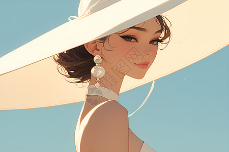戴着白色帽子的优雅女子图片