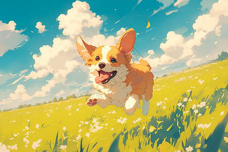 草地中奔跑的小狗图片