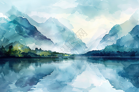 山湖风景油画图片