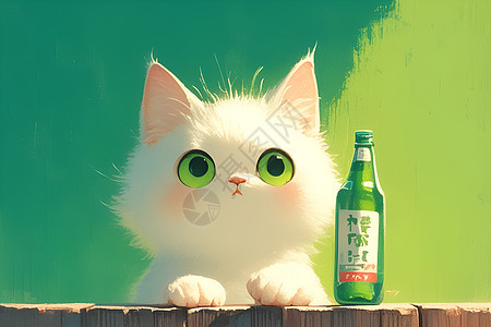 可爱白猫和酒瓶图片
