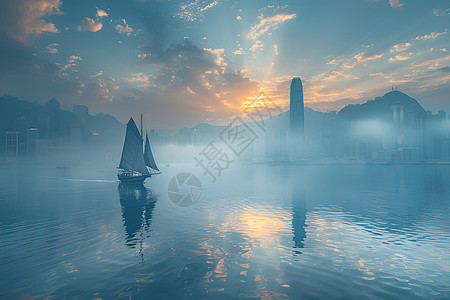 山谷湖泊上的帆船图片