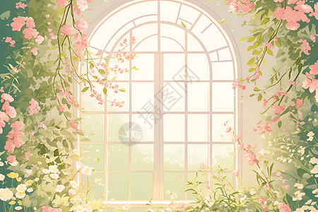 阳光里的花藤窗户图片
