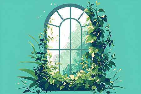 绿叶环绕的环形窗户图片