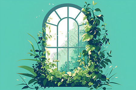 绿叶环绕的环形窗户图片