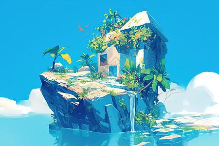 海岛岩石上的房子图片