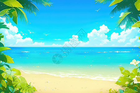 蓝天绿叶下的沙滩图片