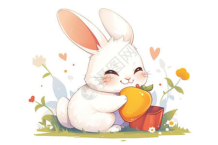 草地上小白兔抱着胡萝卜图片