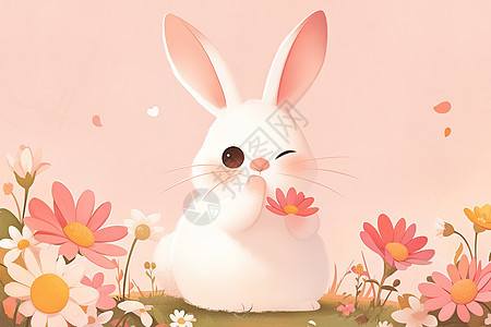 粉墙花海中的可爱小白兔图片