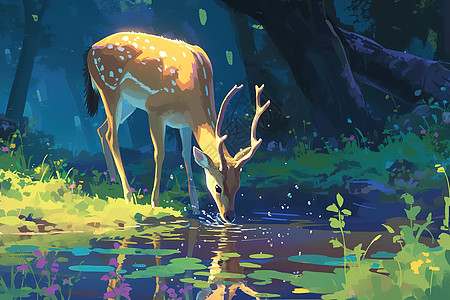 小鹿在河边喝水图片