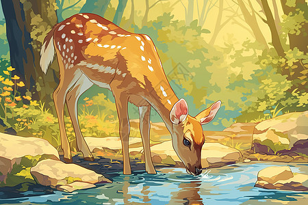 森林喝水的鹿图片
