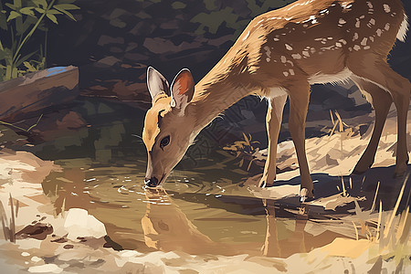小鹿在溪边喝水图片