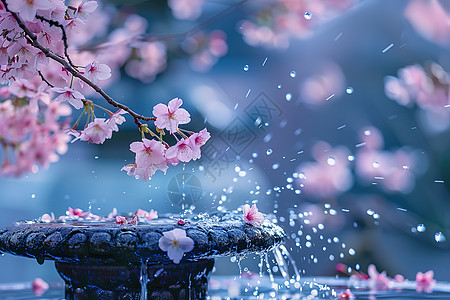 喷泉上的樱花图片