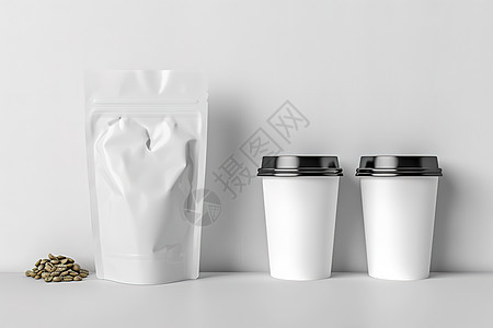 咖啡杯旁边一袋咖啡豆图片