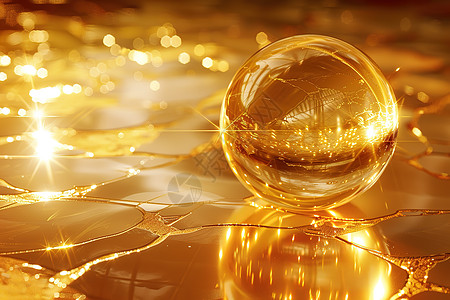 金色光芒照耀在玻璃球上图片