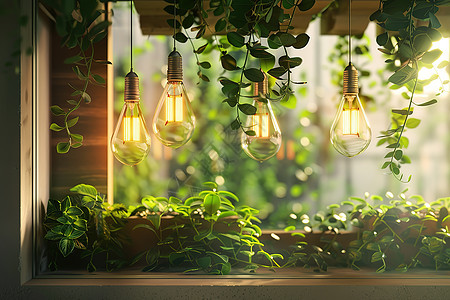 阳台上的植物与三个灯泡图片