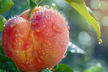 果树上带着水滴的桃子图片