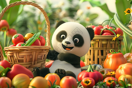 熊猫坐在蔬果田里图片