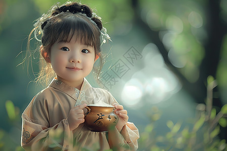 小女孩手持茶杯图片