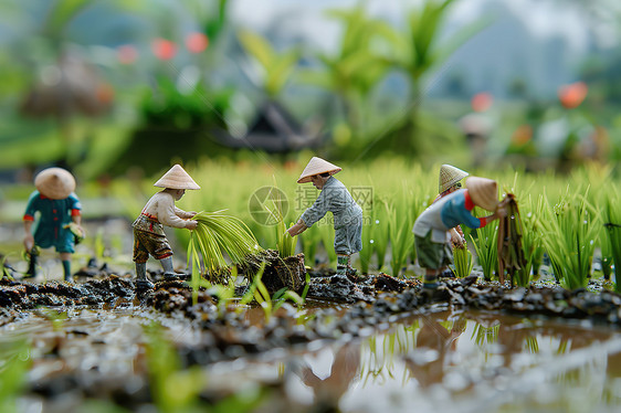 水田里劳作的农民图片
