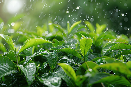茶树上的雨滴图片