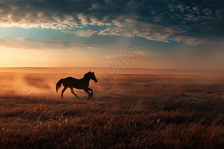 落日余晖中奔跑的野马图片