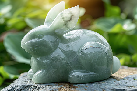 陶瓷兔子坐在石头上图片