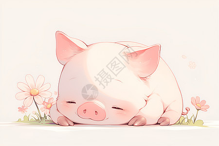 花朵间沉睡的小猪图片