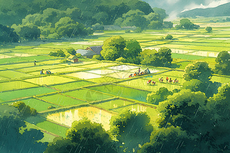 翠绿的村庄稻田图片