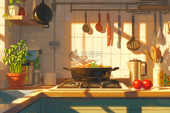 晨阳照耀下的厨房图片
