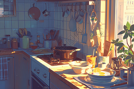 晨光下的厨房厨具图片