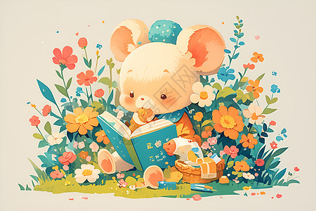 可爱老鼠在花丛里看书图片
