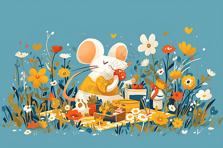 花丛里野餐的小老鼠图片